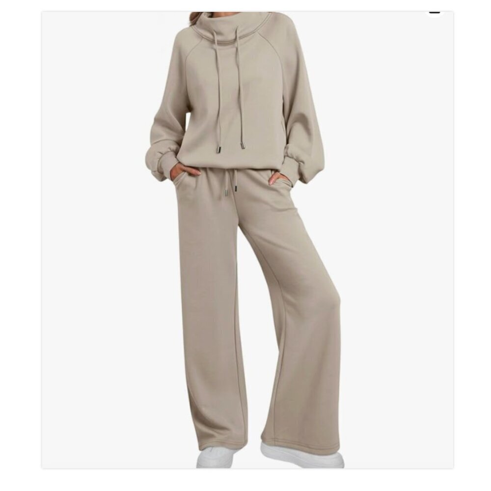 Lounge Matching Set Wide Leg Sweatpants Mock Neck Pullover Beige Size XS Travel